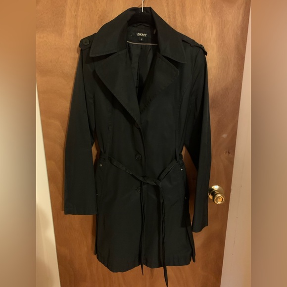 Black DKNY size Medium Women’s Trnchncoat style one button placket, tie front - Picture 1 of 4